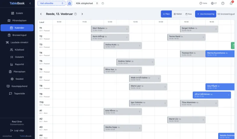 TableBook weekly calendar — color-coded reservations on a day view timeline
