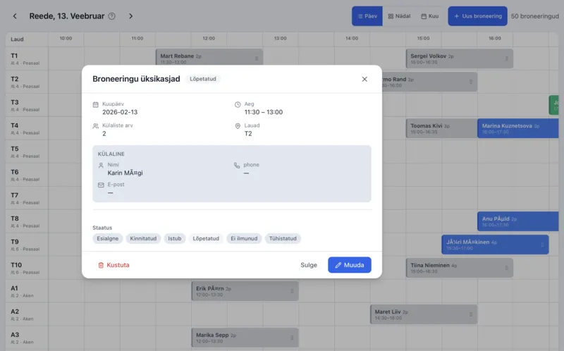 TableBook calendar with reservation details — guest info and status changes