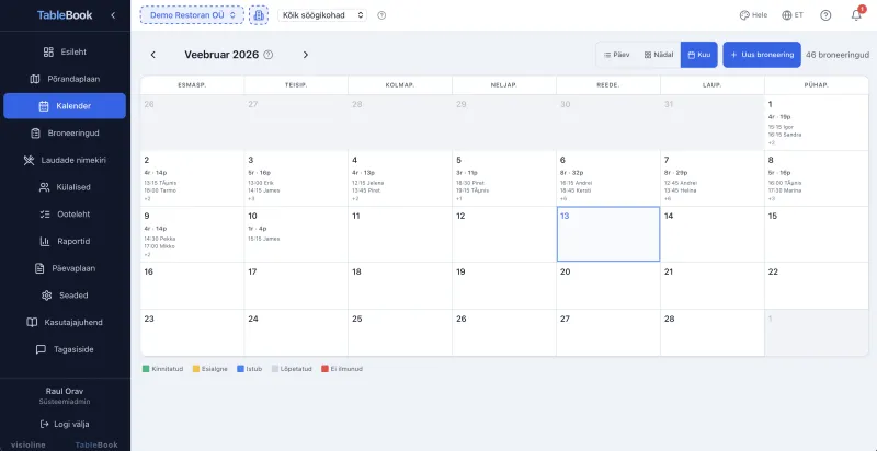 TableBook monthly calendar — full month overview with color codes