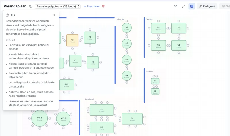 TableBook floor plan with tooltips — real-time table statuses and quick actions