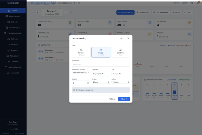TableBook group booking management — deposits and event details