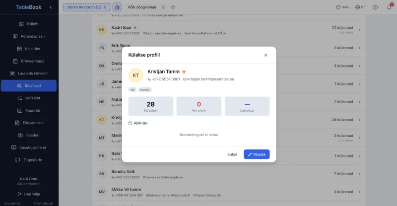 TableBook guest profile — visit count, no-show statistics and loyalty level