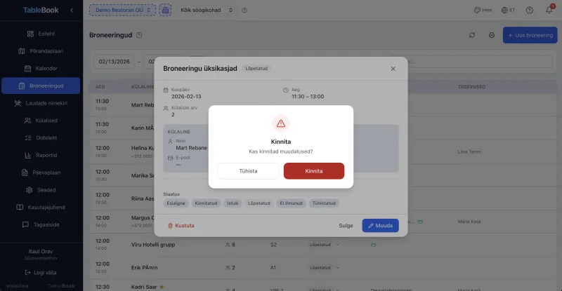 TableBook booking details — status changes, guest info and confirmation