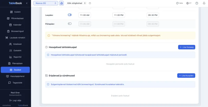 TableBook seasonal opening hours and special days