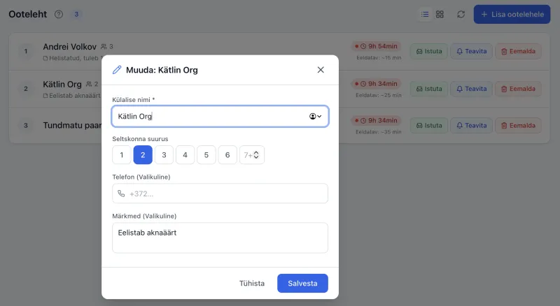 TableBook waitlist — guest queue, waiting time and quick actions